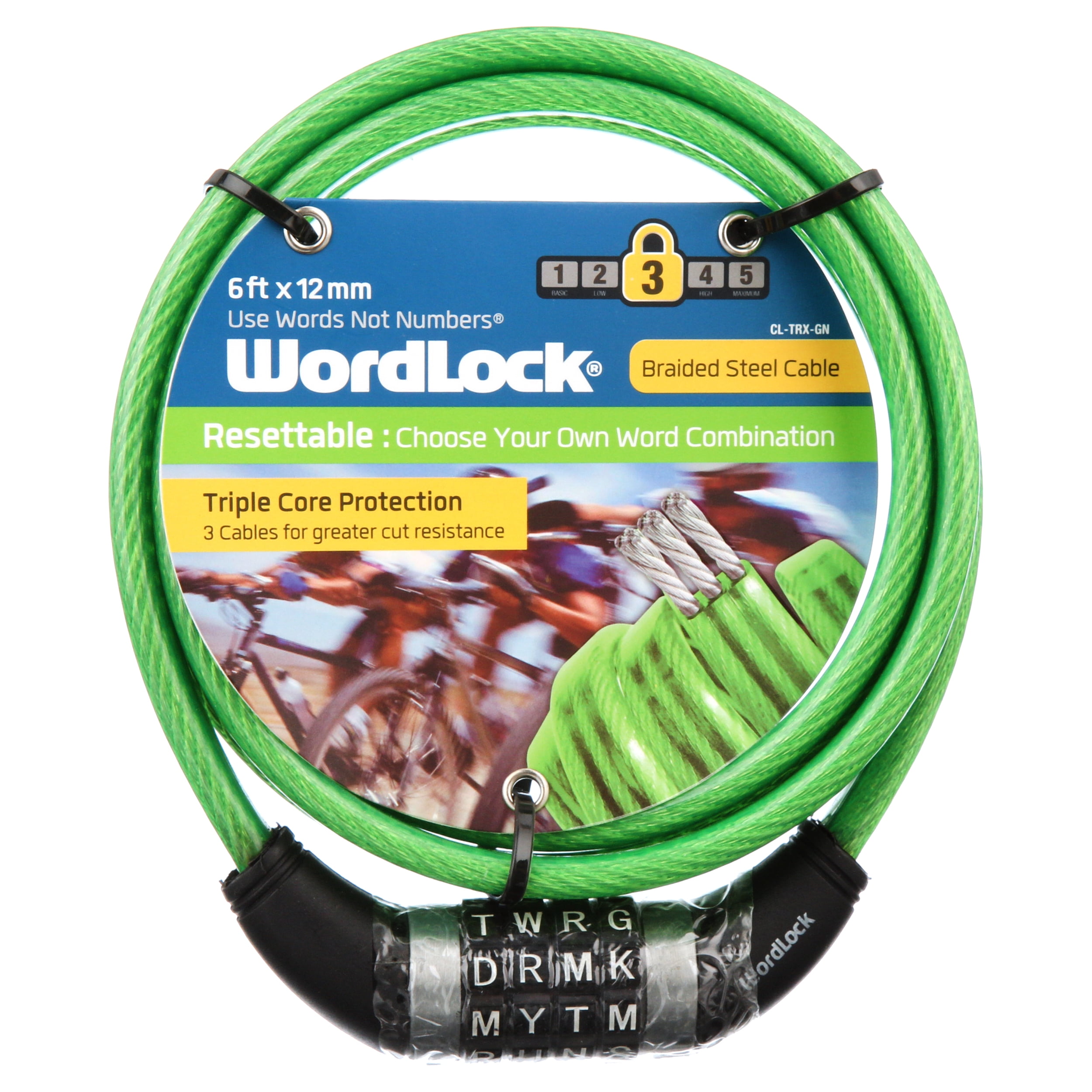 Wordlock Triple Core Bike Lock, 6ft x 12mm Resettable Steel Cable Lock, Green