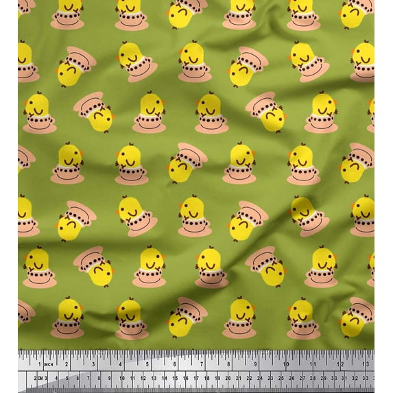 Soimoi Cotton Voile Fabric Cup,Plate & Chick Cartoon Print Fabric by the Yard 42 Inch Wide