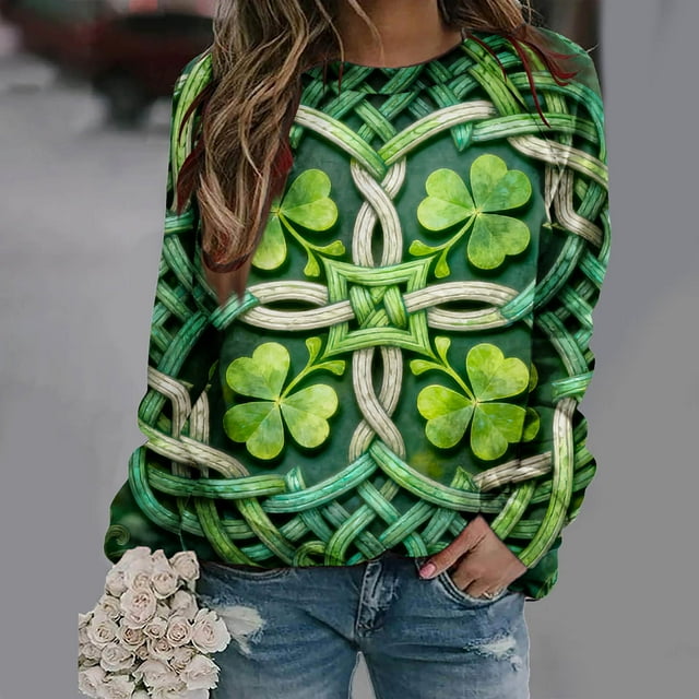 Nuoqisi Chandail de la Saint-Patrick pour Femmes Trèfle Imprimé Manches Longues