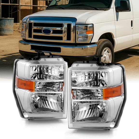 AKKON - Fits 2008-2014 Ford E150 E250 08-21 E350 E450 Super Duty 16-21 F650 F750 [Aero Style] Chrome Headlights Pair Left Right