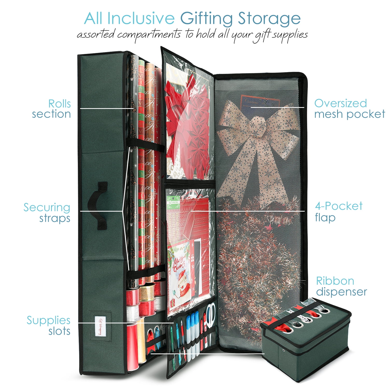 Lammaloe Wrapping Paper Storage Organizer Container - Christmas Wrapping Paper Rolls Storage, Under-Bed Storage Box for Holiday Storage & Accessories - Gift Wrap Storage Organizer Box, Green