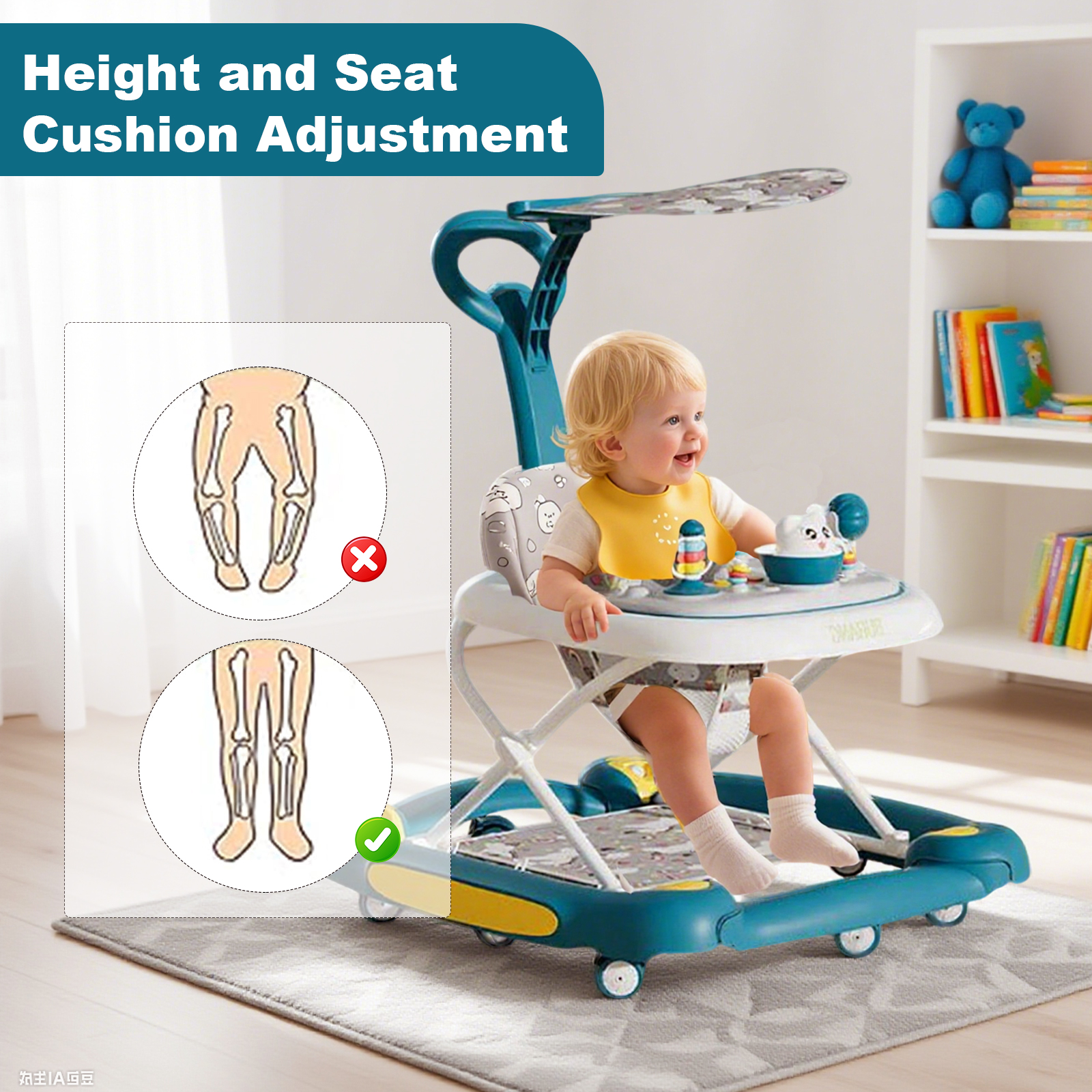 ManyFun Baby Walker, 6-in-1 Multi-functional Foldable Push Walker, 6-24 Months, Green