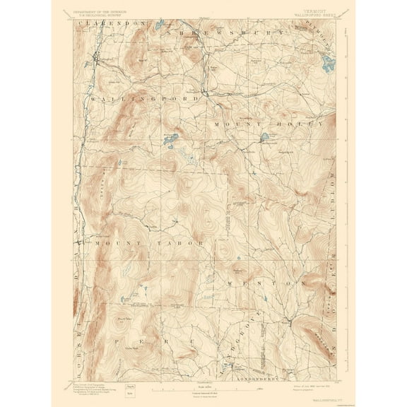 Topographical Map - Wallingford Vermont Quad - USGS 1893 - 23 x 30.77 - Vintage Wall Art