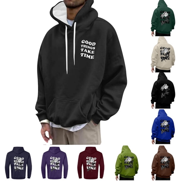 Men's Outdoor Casual Hooded Drawstring Sweatshirt, GOOD THINGS TAKE TIME Graphic Print Pullover for Hiking, Streetwear,Beige,L
