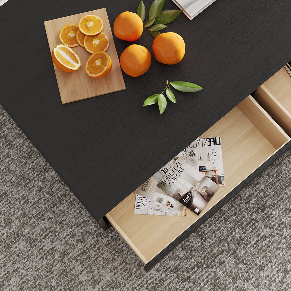 POVISON Modern Rectangular Coffee Table, Wood Coffee Table with Storage, 4 Solid Wood Drawers, Fully-Assembled, 51", Black