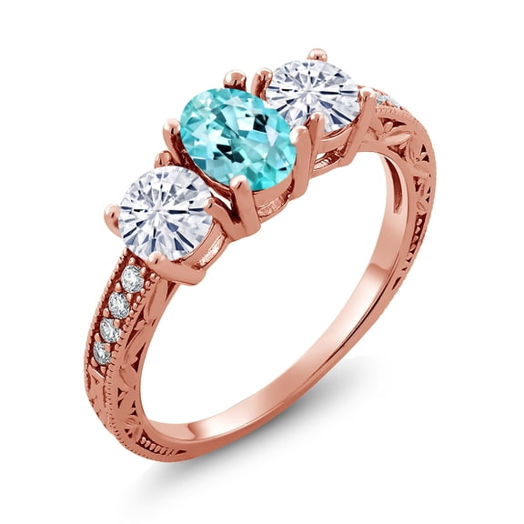 Gem Stone King 18K Rose Gold Plated Silver 3-Stone Ring Apatite Moissanite(1.94 Cttw) (Size 8)