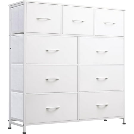 Dresser for Bedroom Chests of Drawers Storage Organizer with 9 Drawers Sturdy Metal Frame Wood Tabletop for Guest Room Closet Entryway Nursery White