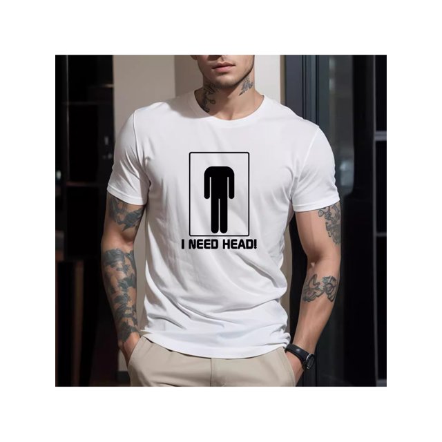 Men's Retro "Guess What I Need" Graphic Cotton Crew Neck T-Shirt - Short Sleeve, Black with White Text & Icon Design, Casual Casual Attire