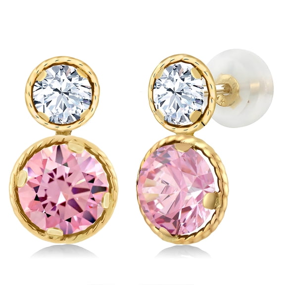 Gem Stone King 14K Yellow Gold Pink and White Zirconia Earrings for Women (3.50 Cttw, Gemstone, Round Cut 6MM and 4MM)
