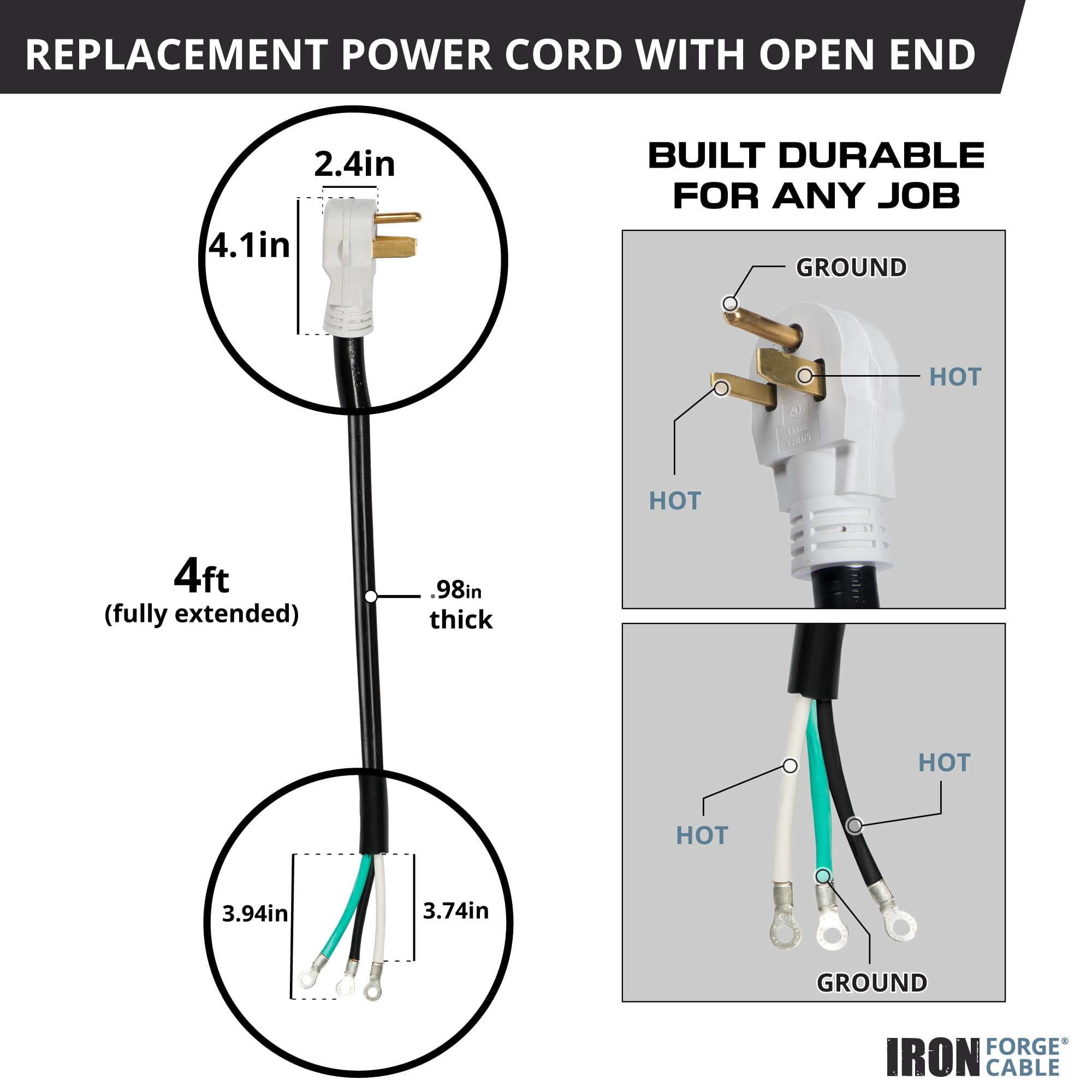 Iron Forge Cable NEMA 6-50 Extension Cord with Open End - 4ft 50 Amp EV Power Cord with Eyelet, 6/3 Gauge Replacement Cable - NEMA 6-50 Plug STW