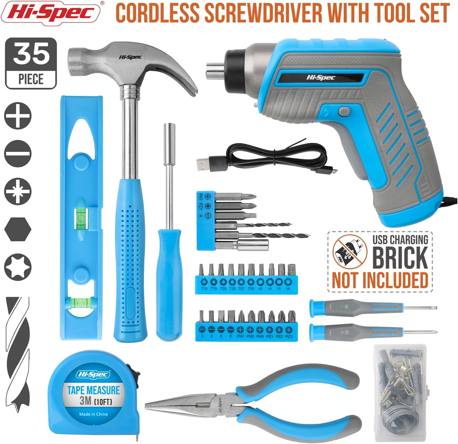 Hi Spec 35pc Blue 3.6V Cordless Electric Power And USB Rechargeable Screwdriver and Home Tool Kit Set Power Tools Combo Sets Cordless Tools With Handy And Easy Carrying Tool Case Walmart