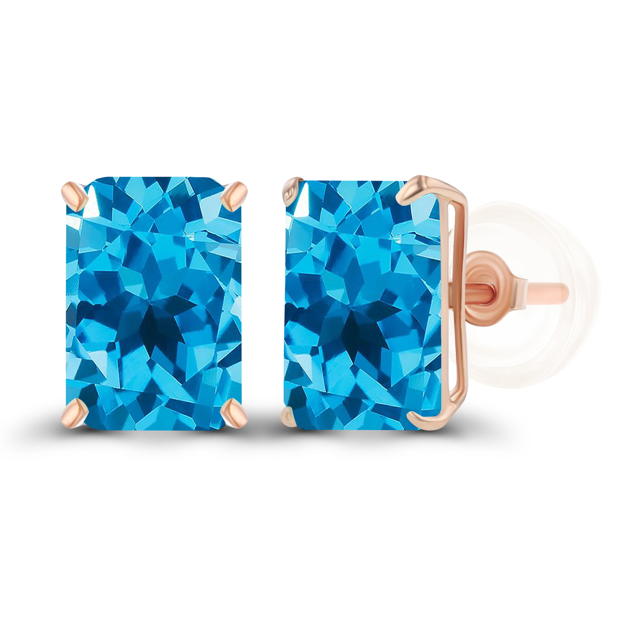 Genuine 14K Rose Gold Plated Sterling Silver 7x5mm Emerald Cut Natural  Swiss Blue Topaz December Birthstone Genuine Stud Earrings For Women and  Girls