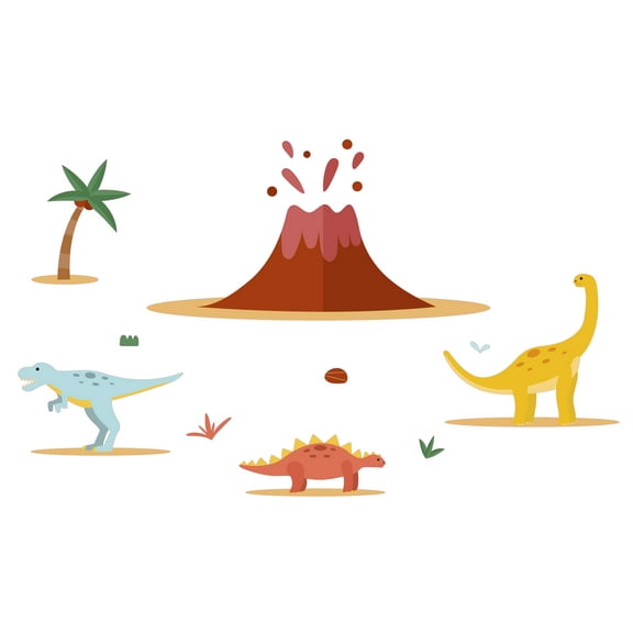 Colorful 19" x 30" Jurassic Themed Volcano Eruption Scene & Dinosaurs Wall DÃ©cor Kids Cartoon Art Design Home Bedroom Volcanic Explosion Scene Vinyl Wall Decal Sticker