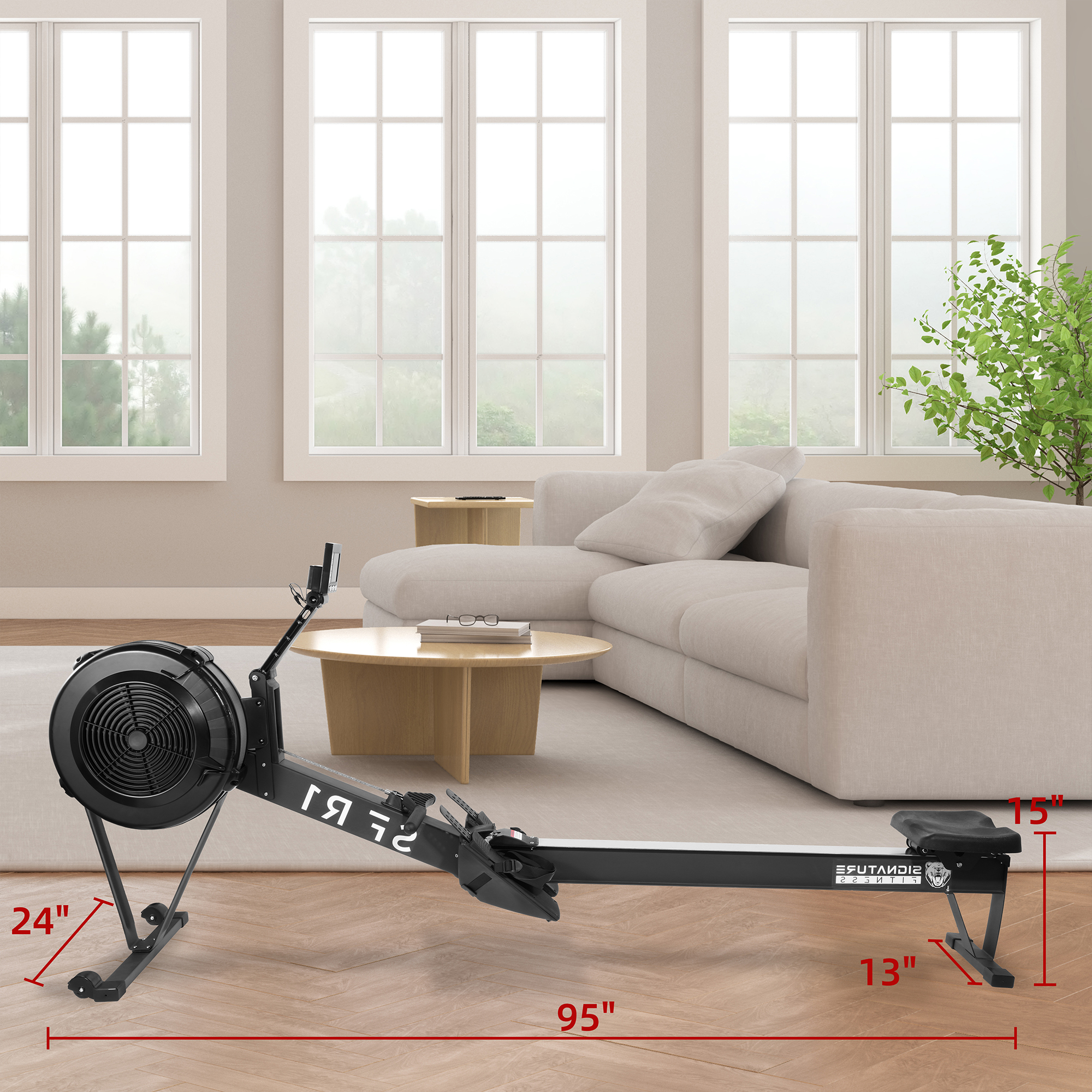 FlexWave Indoor Rowing Machine with 10-Level Wind Resistance, LCD Display, Adjustable Seat and Footrests, Quiet Operation, 330 lbs Capacity