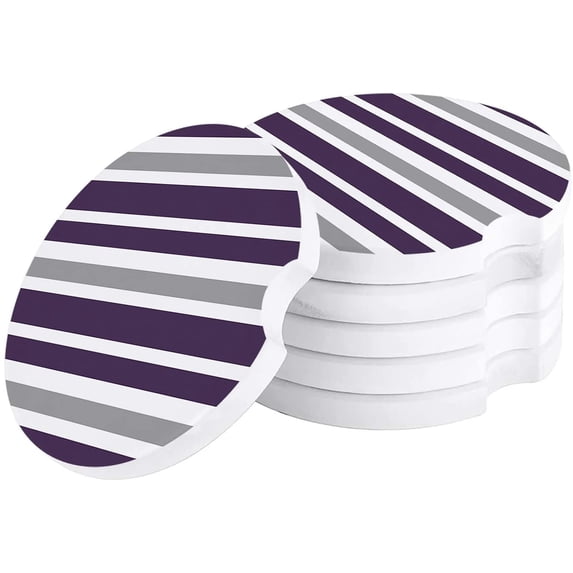 FMSHPON Purple Grey and White Stripes Set of 2 Car Coaster for Drinks, Absorbent Ceramic Stone Coasters Cup Mat with Cork Base for Home Kitchen Room Coffee Table Bar Decor