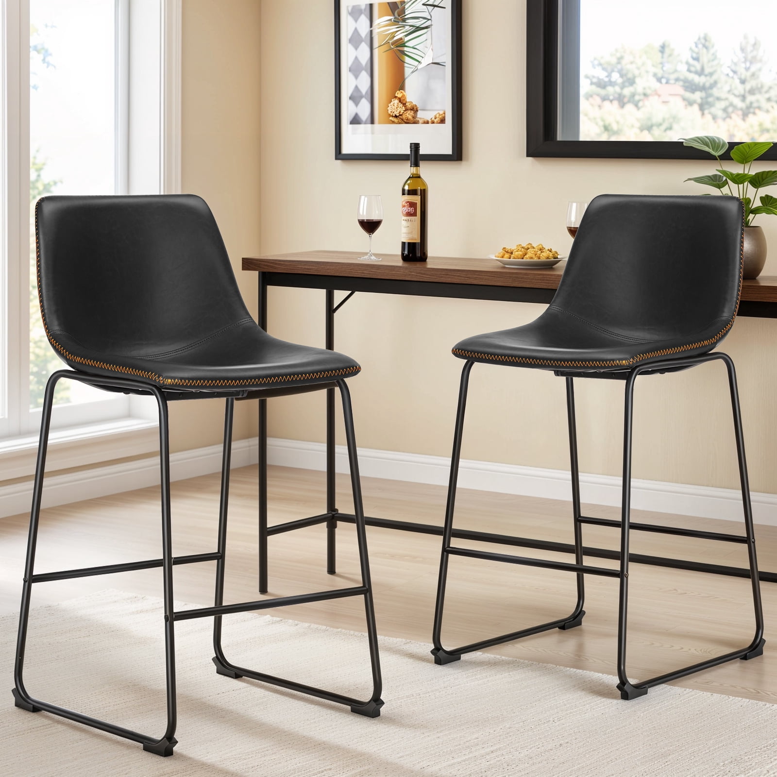6-Pack Indoor Counter Bar Stools, Modern Metal Faux Leather Barstools, Brown, 26 inch
