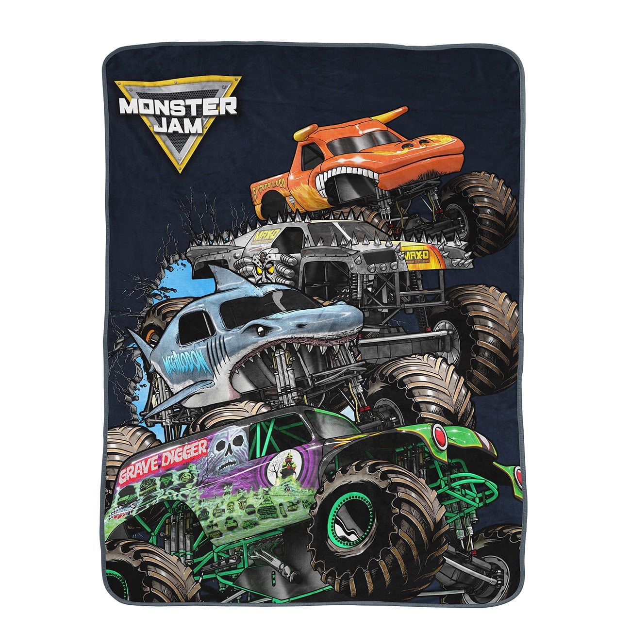 Monster Jam Blast with Grave Digger, Megalodon, El Toro Loco, and Mac-D Kids Throw, 46 x 60, Microfiber, Black