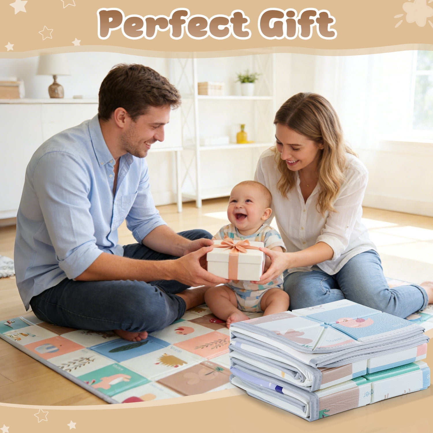 JoyStone 70 x 55 Inch Foldable Baby Play Mat with Fold-Up Sides & Storage Bag, Foam Tummy Time Mat, Infant Floor Playpen Mat for Indoor & Outdoor Use