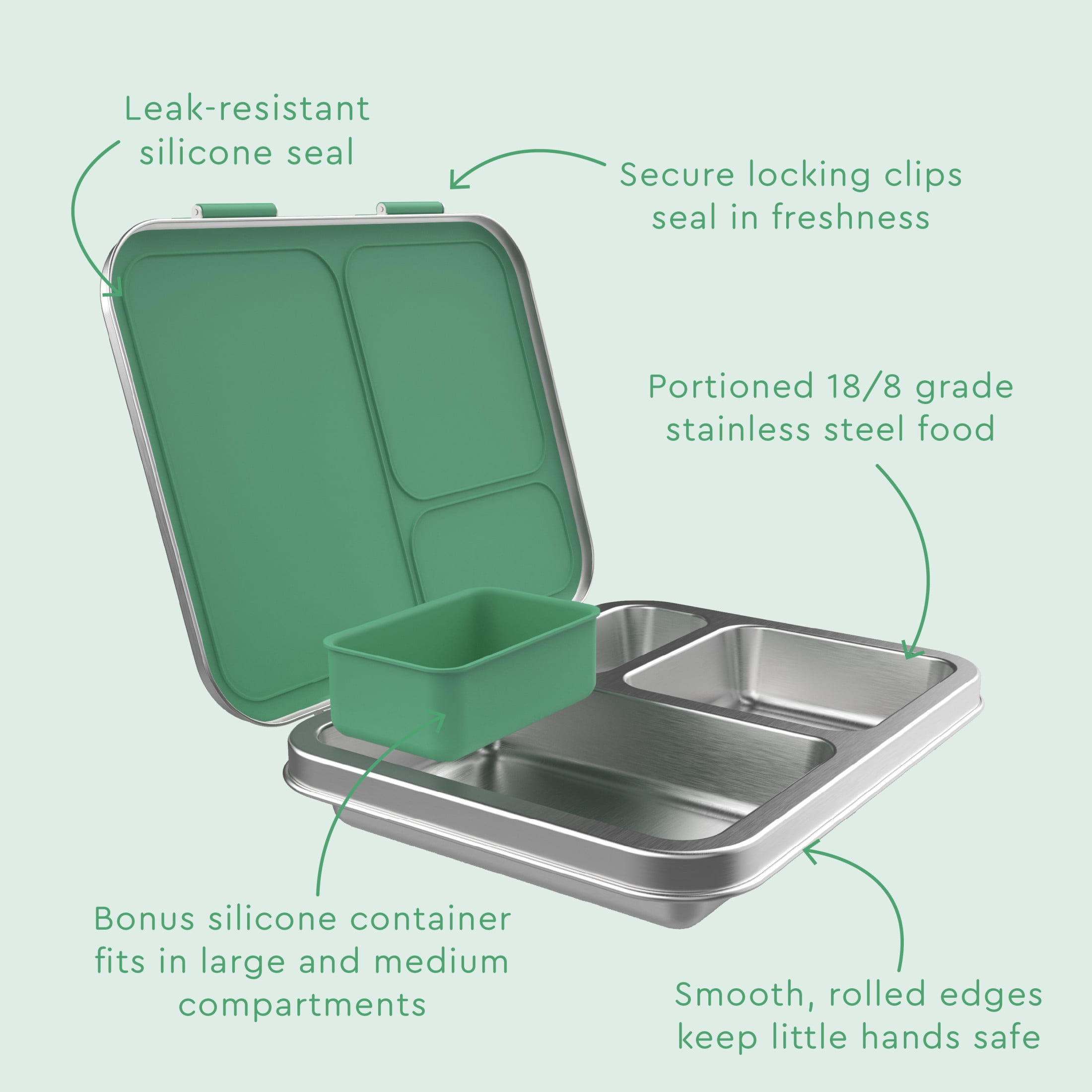Bentgo Kids Stainless Steel Leak-Resistant Lunch Box - 3-Compartments with Bonus Silicone Container, Durable, Eco-Friendly, Dishwasher Safe, BPA-Free, Ideal for School, Ages 3+ (Green)