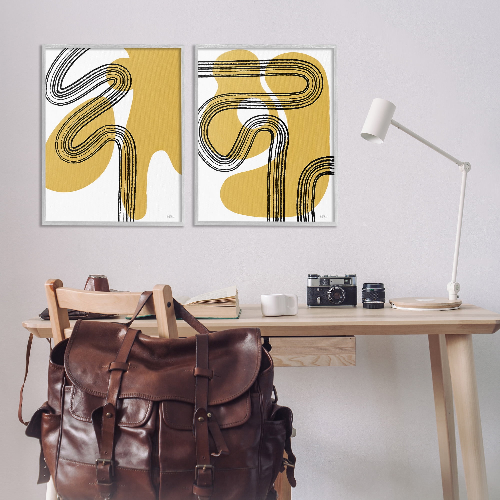 Stupell Industries Wavy Lines Over Shapes Abstract Painting Gray Framed Art Print Wall Art, 24 x 30, Set of 2