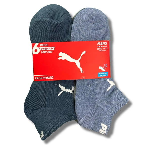 PUMA SOCKS MEN'S - LOW CUT - SOLID 253 - BLUE WHITE - LARGE (10-13) PACK 6 XX