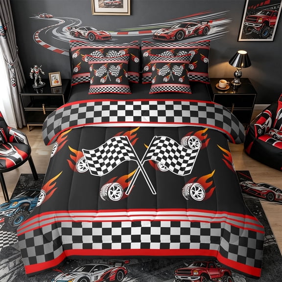 Castle Fairy Race Flag Graphic Twin Bedding Sets 7-Piece for Boys, Flaming Tire Art Bedding Comforter Set for Bedroom, Black Red,Black Reversible