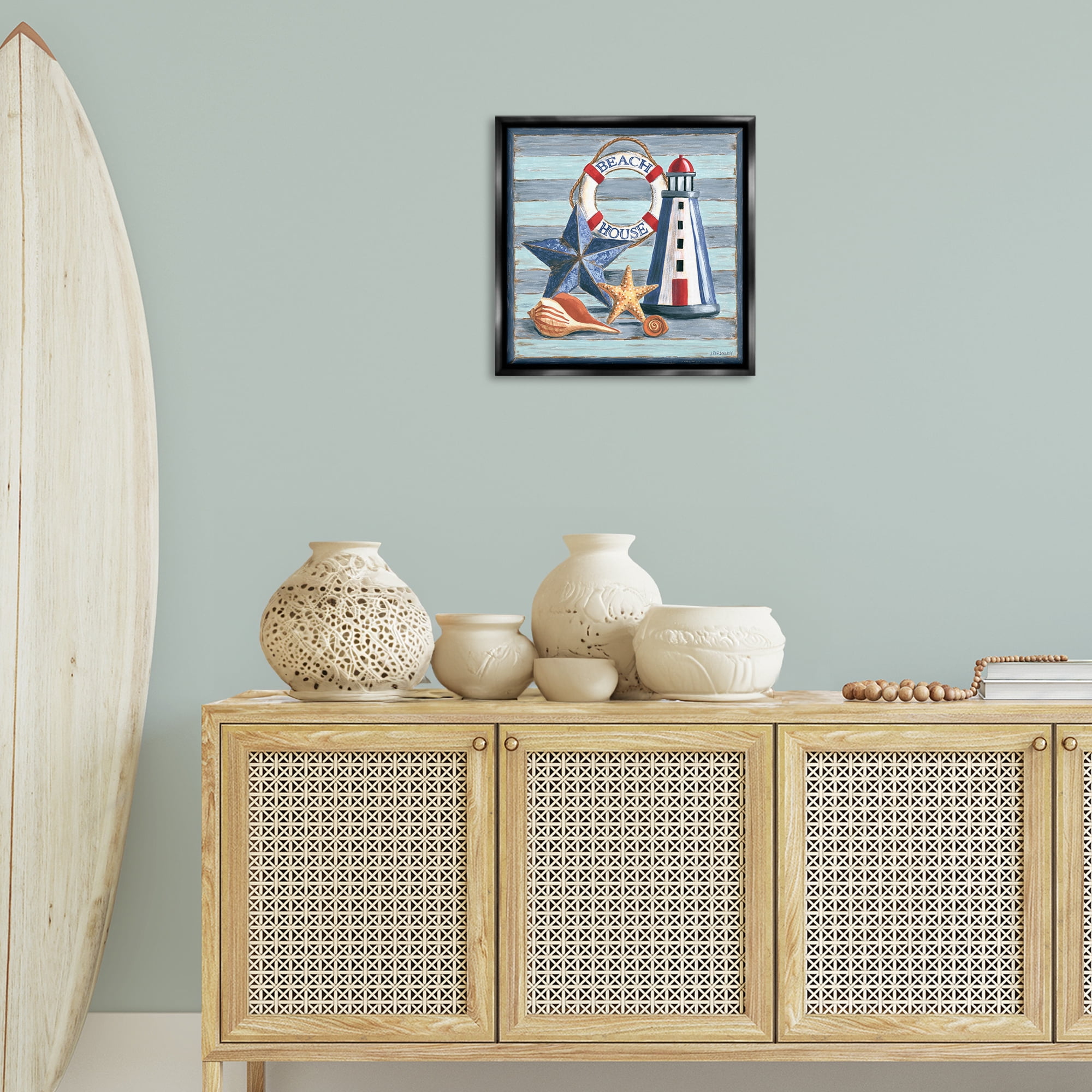 Stupell Industries Rustic Beach House on Stripes Nautical & Beach Painting Black Floater Framed Canvas Art Print Wall Art, 18 x 18