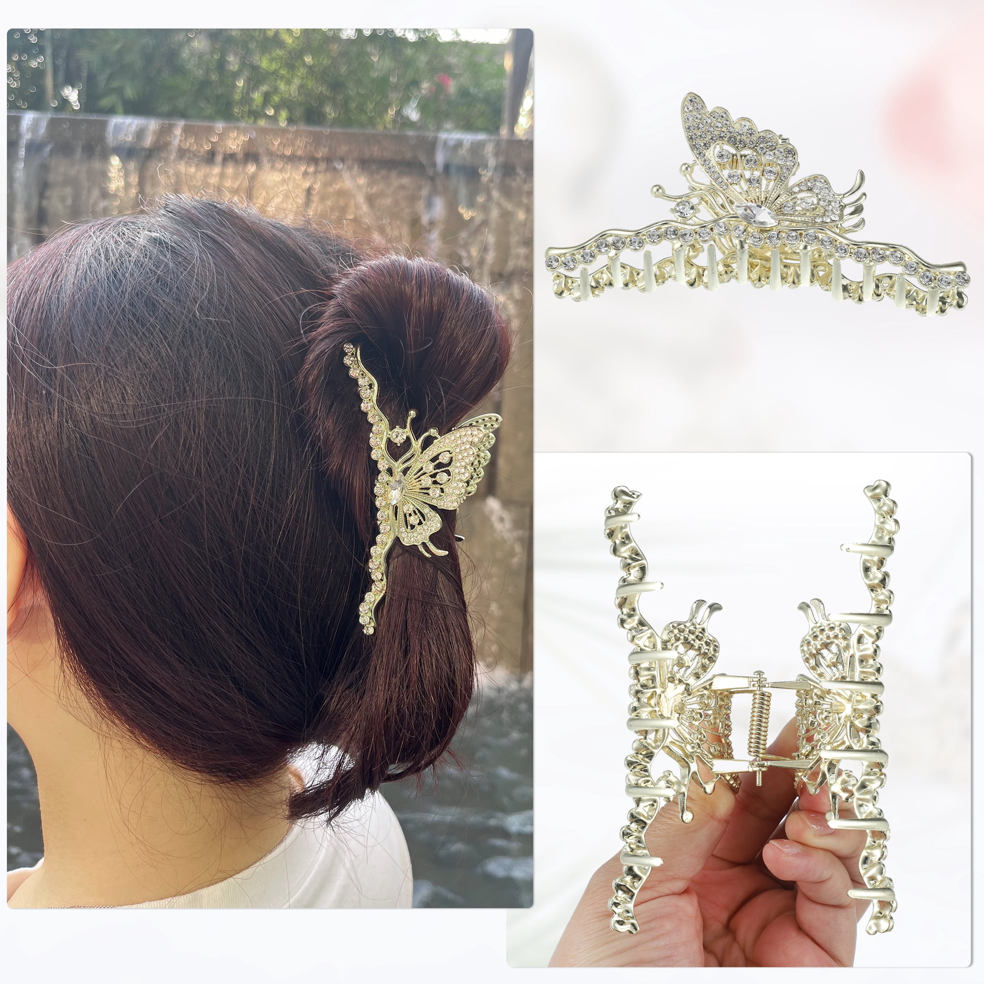 Unique Bargains Classic Rhinestone Butterfly Hair Clip Gold Tone