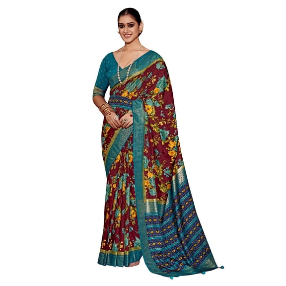 Traditional Ethnicwear Wine Cotton Silk Floral Print Saree