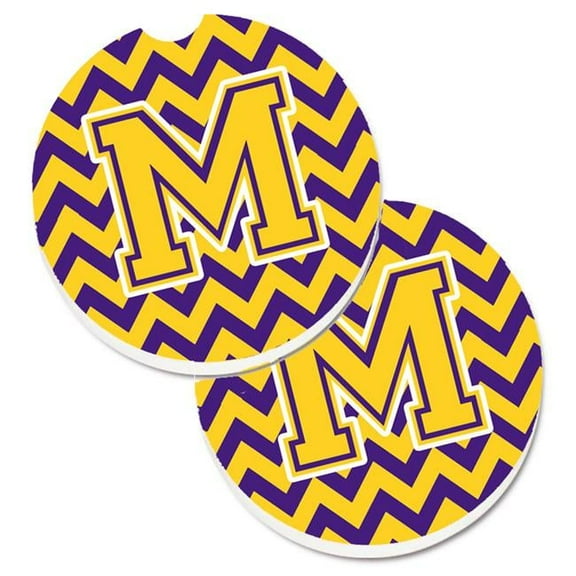 Letter M Chevron Purple & Gold Set of 2 Cup Holder Car Coaster
