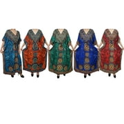 Mogul Wholesale 5 Pcs Lot Womens Caftan Evening Beach Cover Up Comfy Printed Sleepwear Kaftan Maxi Dress