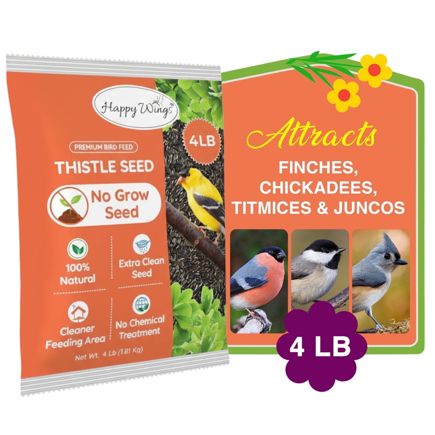 Happy Wings 4lbs No Grow Nyjer Seed Bird Food Outdoor Feeders for Wild Bird Seed - New