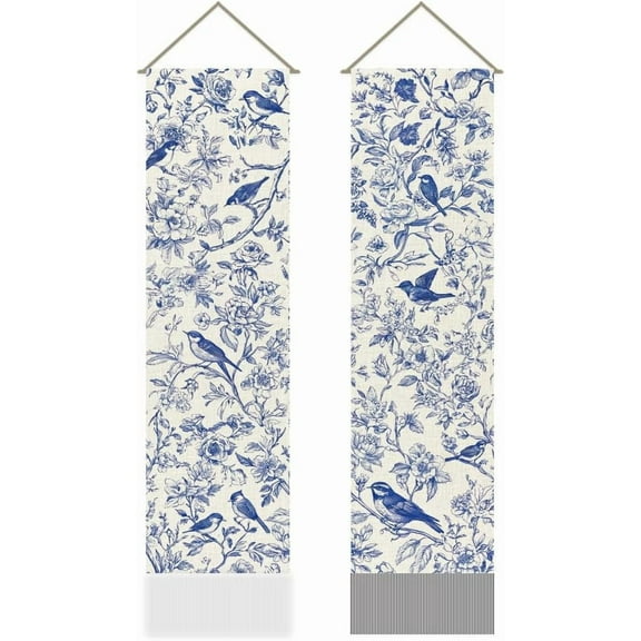 Pack of 2 Blue and White Chinoiserie Floral Bird Tapestries Vertical Chinese Style Aesthetic Long Tapestry Doorway Curtain Tassel Wall Hanging