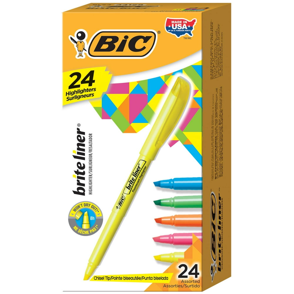 BIC Brite Liner Highlighter, Chisel Tip, Assorted Colors, 24Count