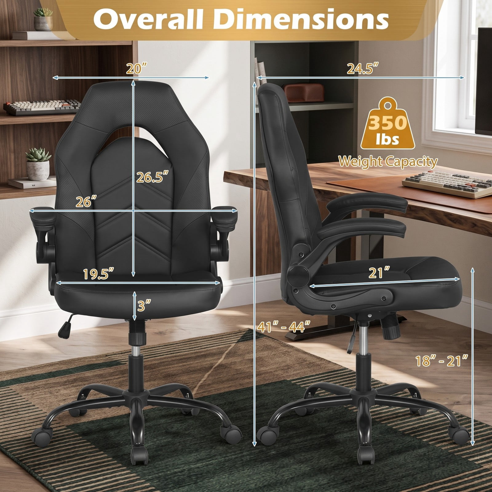 Furnibear Ergonomic Leather Office Chair, High Back Executive Computer Desk Chair with Flip-up Armrests, Adjustable Height Swivel Task Chair, Rolling Rocking, Black