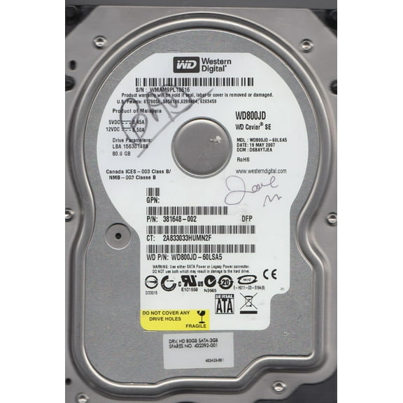 WD800JD-60LSA5, DCM DSBAYTJEA, Western Digital 80GB SATA 3.5 Hard Drive