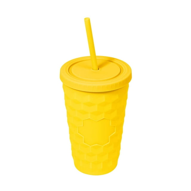 Vaso plástico doble pared con acabado rubber y diseño en relieve amarillo 10 x 16
