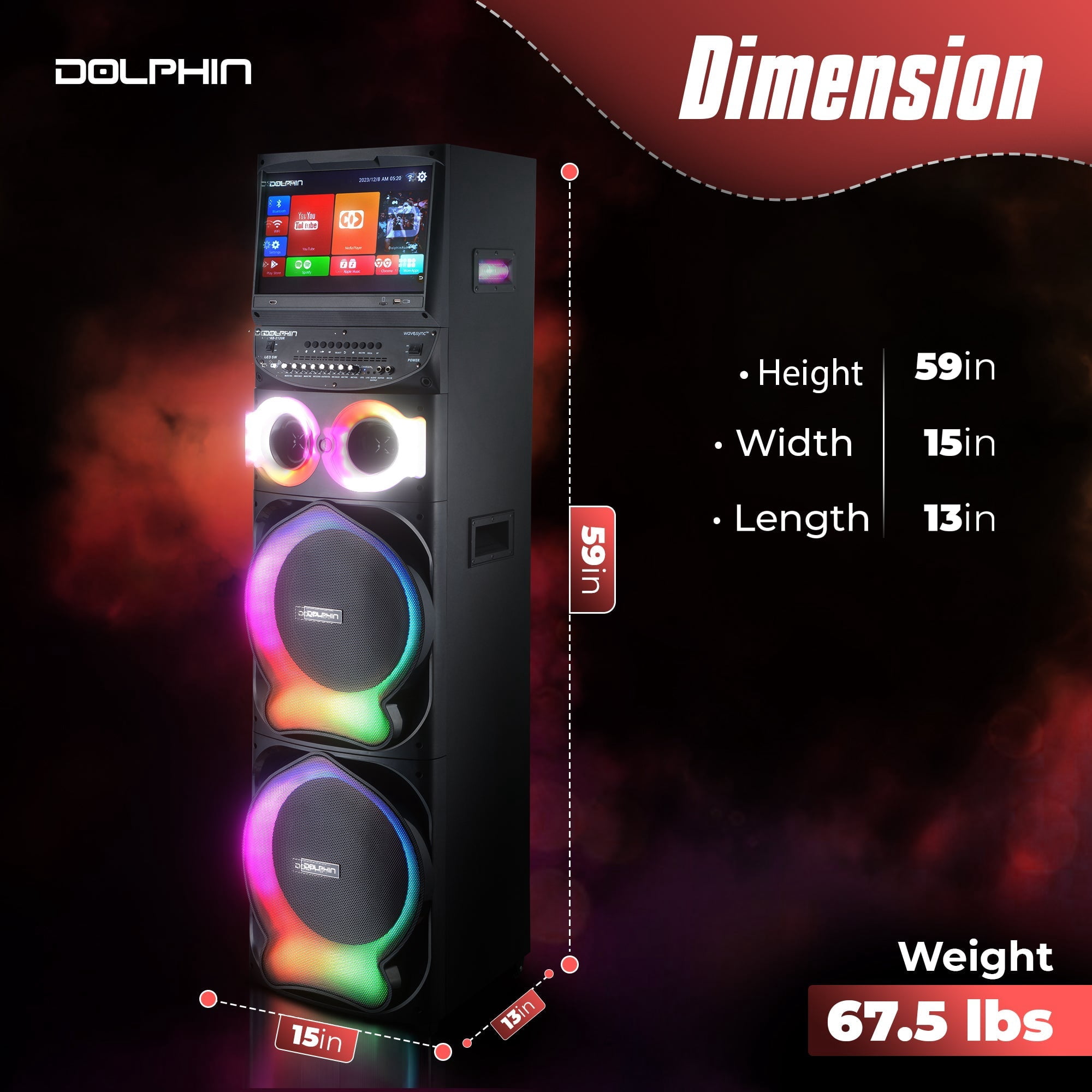 Dolphin XL-2120 KaraokeBox Dual 12" Bluetooth Karaoke Speaker – 200W Powerful Bass, 15" Smart Android Touchscreen, HDMI Output, WiFi, 2 Wireless Mics – Perfect for Parties, DJs, and Events