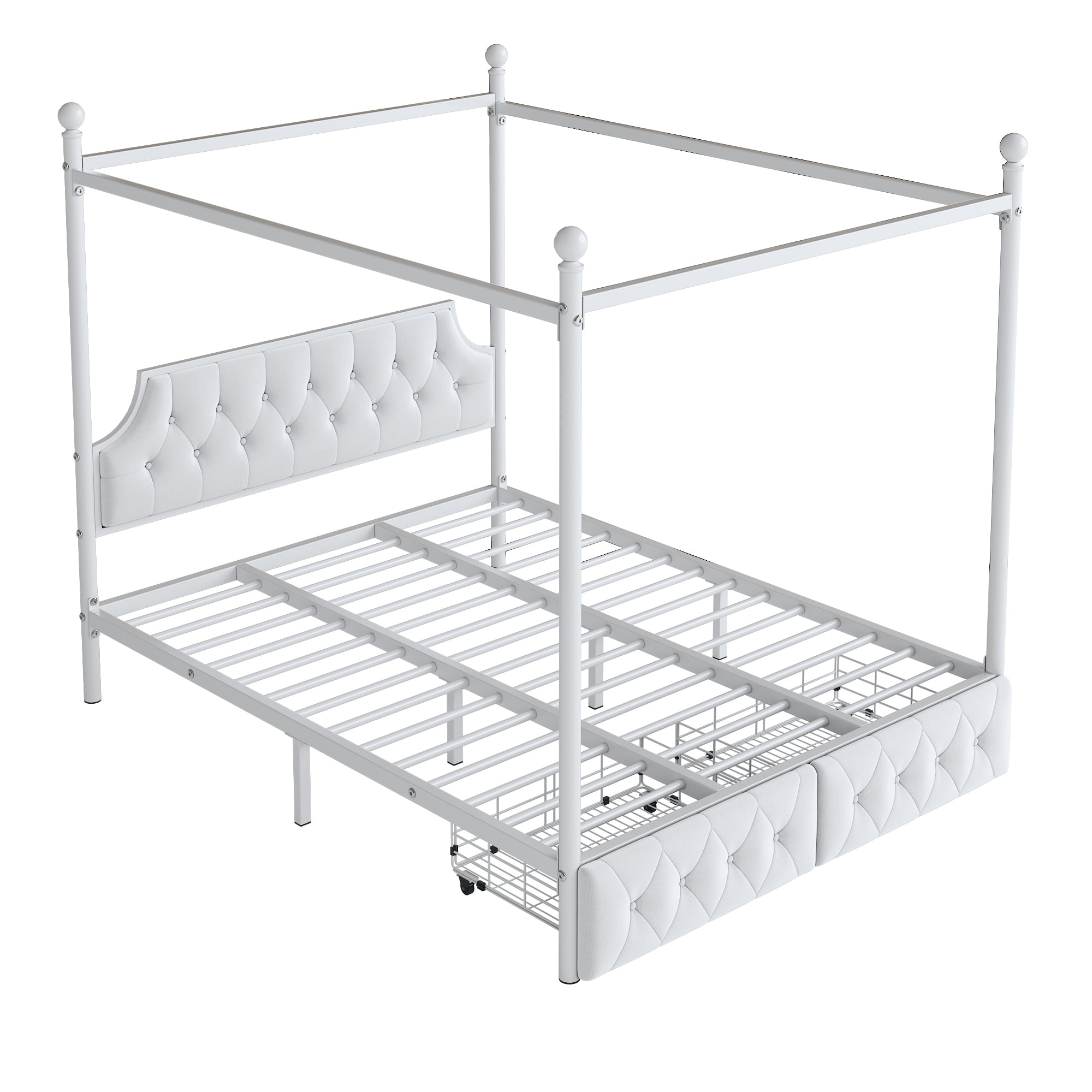 Euroco Wood Queen Size Canopy Platform Bed with Four Support Legs and 2 Drawers for Kids Teens Adults, White
