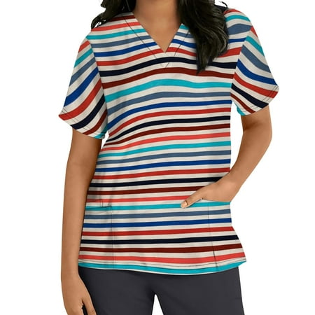 

COFEST Women s Slim Fit Scrubs With Pockets Clearance Short Sleeve Tops Trendy 2023 Dressy Summer Striped Printed Tees V Neck Blouse Work Tunic