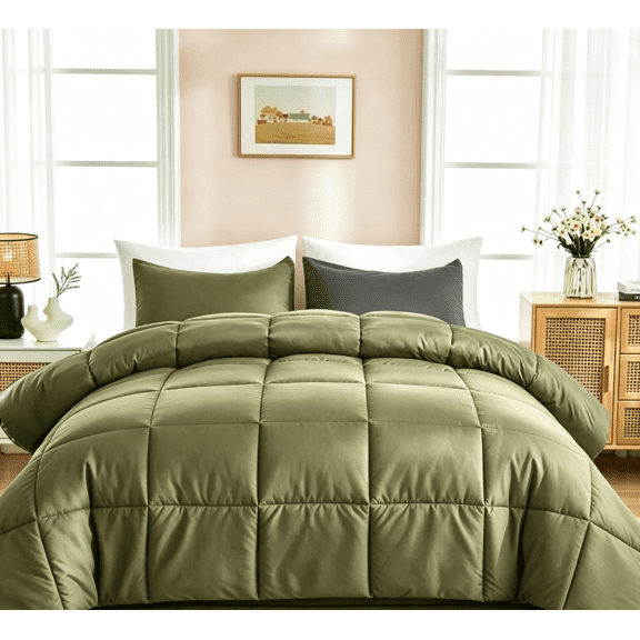 Queen Size Comforter Sets, 3 Piece Soft Quilted Bedding Sets, All-Season Down Alternative Comforter with 2 Pillow Shams,Olive Green