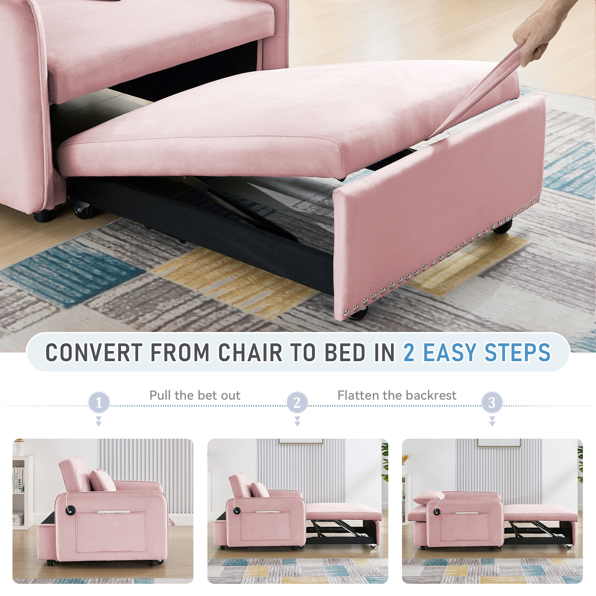 Lunale 3-in-1 Convertible Sleeper Chair Bed, Indoor Lounge Chair with USB/Type-C, Pink Velvet