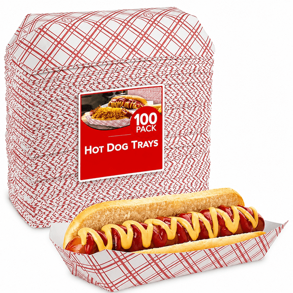 Stock Your Home Checkered Hot Dog Trays (100 Pack) - Retro Red & White Checked Food Boats for Hot Dogs, Grease Resistant Checkered Trays & Disposable Paperboard Trays for Hot Dogs