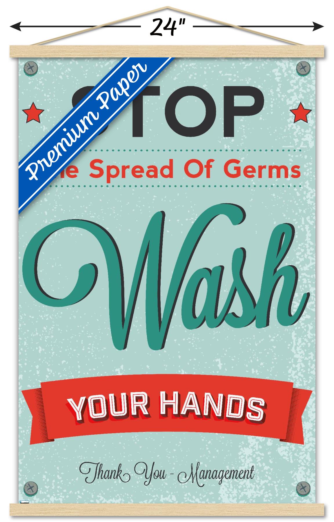 Stop The Spread of Germs - Wash Your Hands Wall Poster with Wooden Magnetic Frame, 22.375" x 34"