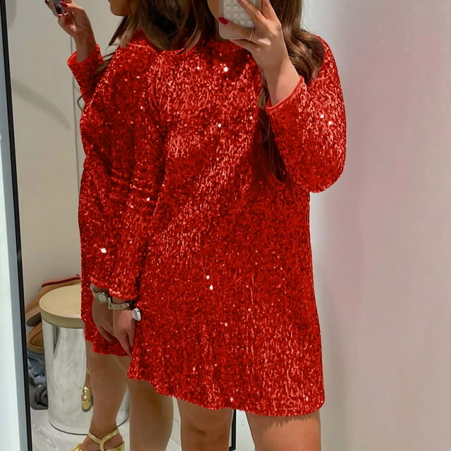 Gspmoly Robes pour Femmes, Robe Courte à Manches Longues Décontractée Ample Aguichant à Paillettes à Col Rond pour Femmes, Robes de Soirée pour Femmes jusqu'à 65 % de Rabais