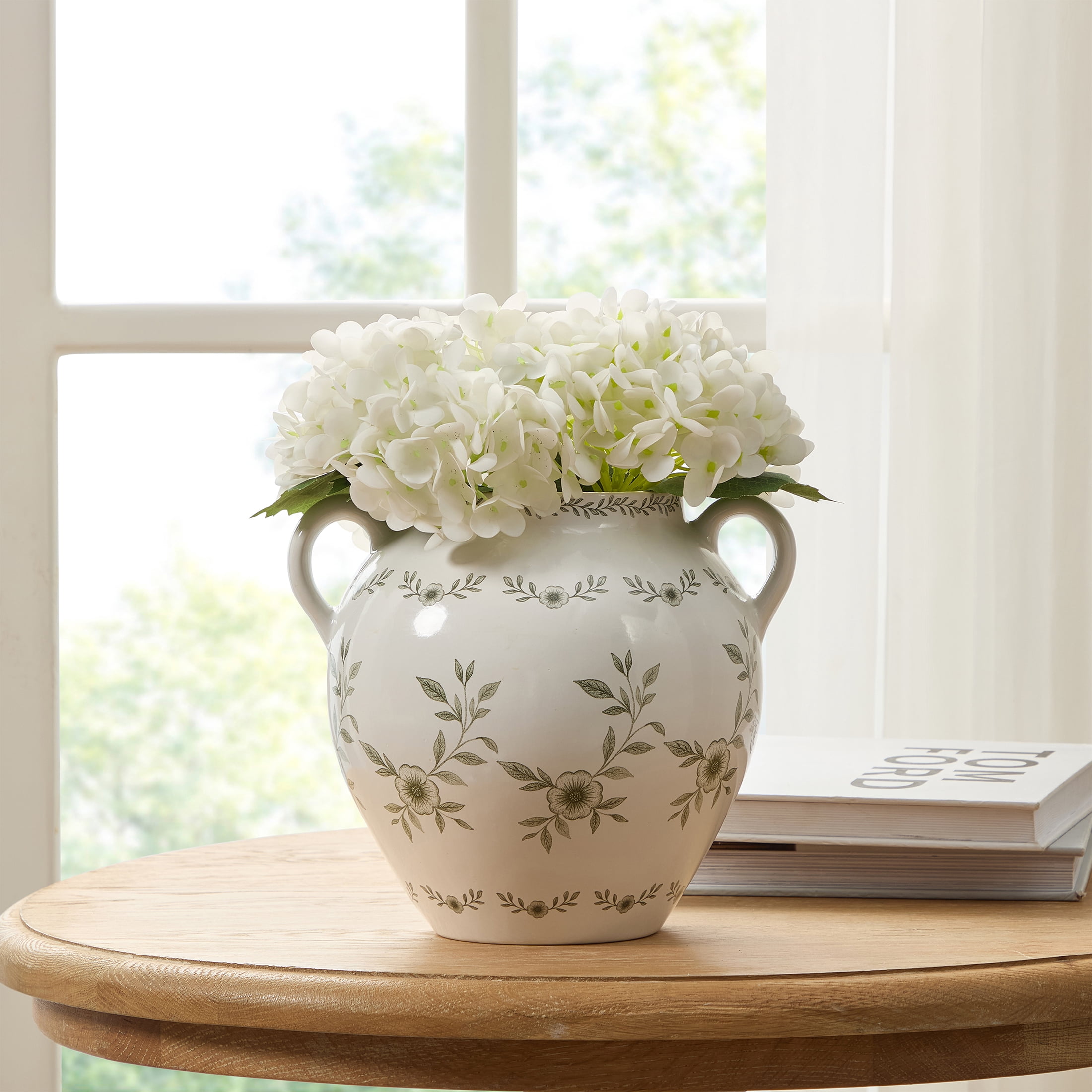 My Texas House 8" Green Double Handle Ceramic Floral Vase
