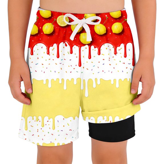 PRfgtbd Boys Swim Trunks Ice Cream Print Summer Casual Shorts Bathing Suit Double Layer Elastic Waist Beach Shorts For Kids Outdoor Playwear 5-6 Years
