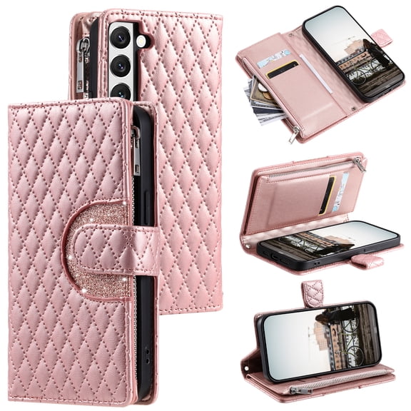 Crossbody for Samsung Galaxy S22 Wallet Phone Case with Card Slots Zipper Pocket, Soft Elegant PU Leather Flip Stand Lanyard Wrist Strap Purse Cover for Samsung Galaxy S22 Women Girls, Rosegold