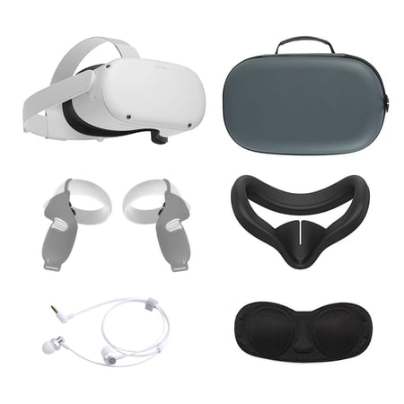 2021 Oculus Quest 2 All-In-One VR Headset 128GB, Touch Controllers, 1832x1920 up to 90 Hz Refresh Rate LCD, Mytrix Carrying Case, Earphone, Gray Grip Cover, Lens Cover, Silicone Face Cover