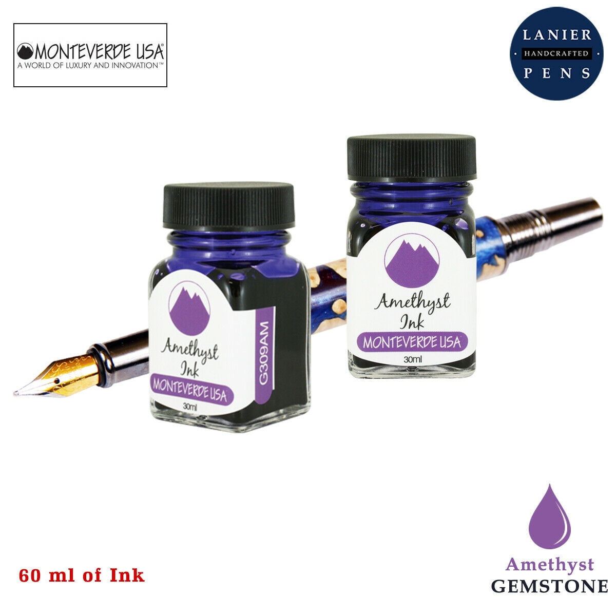 Monteverde 60ml Gemstone Fountain Pen Ink Bottle (30ml Amethyst G309AM Ink Bottle - Pack of 2)